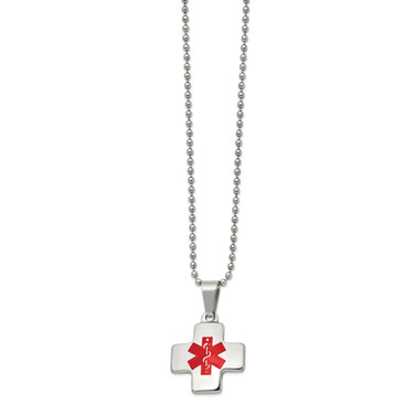 20 inch Stainless Steel Necklace Ball Chain with Polished Red Enamel Cross Medical ID Pendant