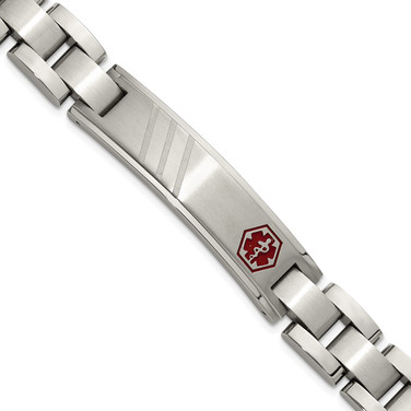 8.25 inch Stainless Steel Brushed and Polished Red Enamel Medical ID Bracelet