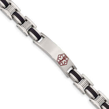 8 inch Polished Stainless Steel and Black Rubber Medical ID Link Bracelet with Red Enamel Symbol
