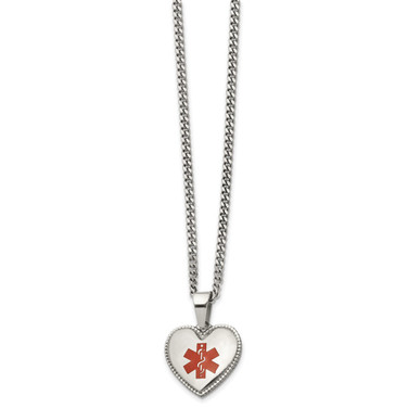 20 inch Stainless Steel Curb Chain Necklace with Polished Red Enamel Heart Medical ID Pendant