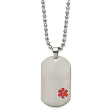 22 inch Titanium Medical ID Necklace with Brushed Red Enamel Dog Tag Pendant