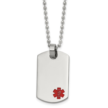 24 inch Stainless Steel Ball Chain Necklace with Polished Red Enamel Medical ID Dog Tag Pendant