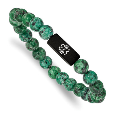 6.75 inch Stainless Steel Brushed Black IP-Plated White Enamel Medical ID 8.5mm Dyed Green Stone Beaded Stretch Bracelet