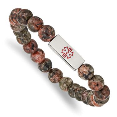6.5 inch Stainless Steel Polished Red Enamel Medical ID 8.5mm Poppy Jasper Beaded Stretch Bracelet