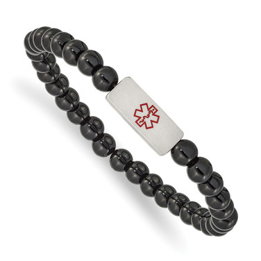 7.5 inch Stretch Bracelet with 6mm Onyx Beads & Stainless Steel Brushed Medical ID Plate