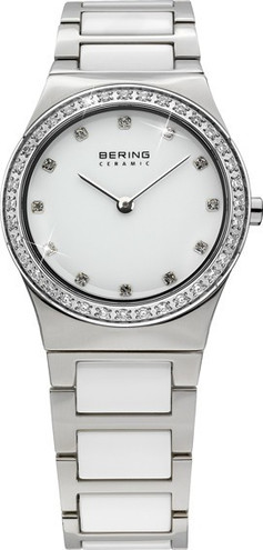 Bering Time Ladies White Ceramic Link Watch Swarovski Bezel 32430-754 Womens - CLEARANCE