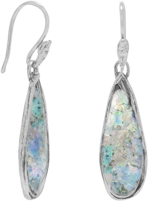 Image of 1.75" Ancient Roman Glass Pear Drop Earrings 925 Sterling Silver