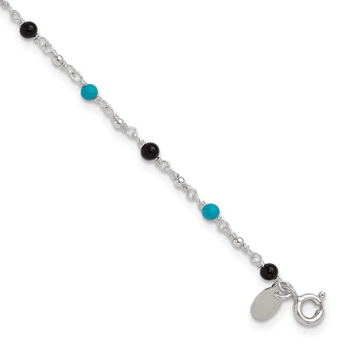 Image of 10" Sterling Silver Dyed Black Onyx and Simulated Turquoise Anklet Bracelet