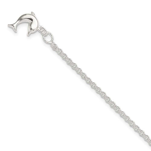 Image of 10" Sterling Silver Hollow Polished 3-Dimensional Dolphin Charm Anklet