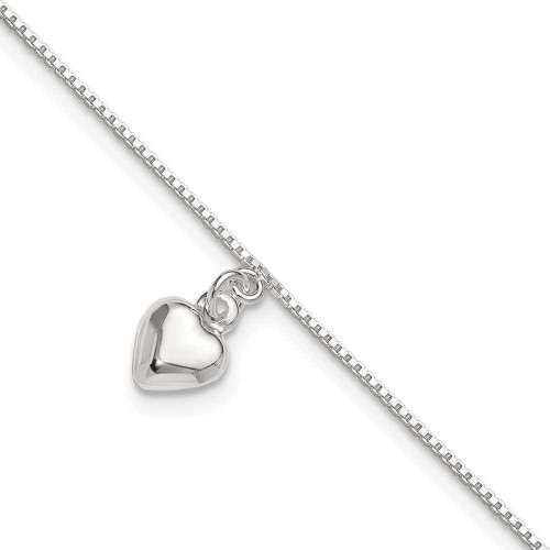 Image of 10" Sterling Silver Polished 3-Dimensional Puffed Heart Anklet