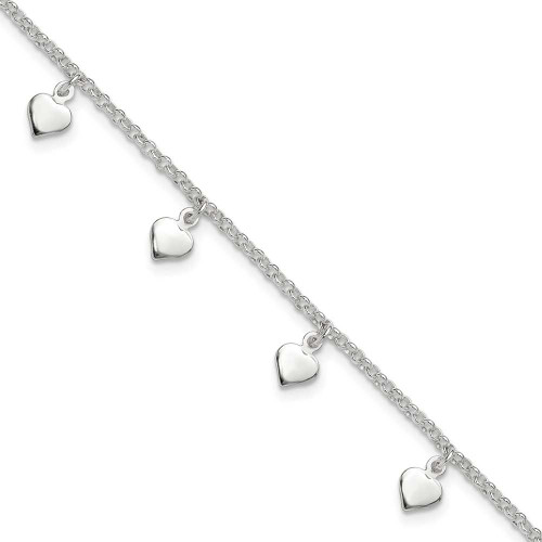 Image of 10" Sterling Silver Polished Hearts Dangle Charm Anklet