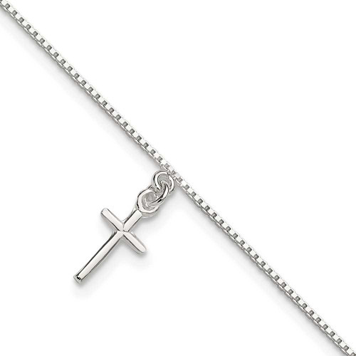 Image of 10" Sterling Silver Solid Polished Cross on Box Chain Anklet