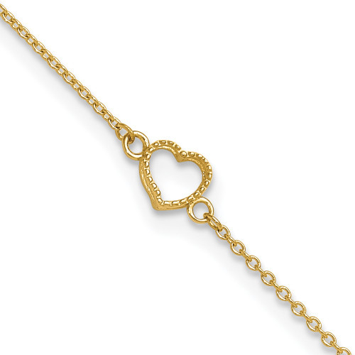10"+1" 14K Yellow Gold Textured and Polished Heart Anklet