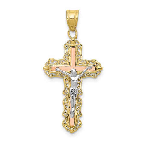 Image of 10K Tri-color Gold Diamond-cut Crucifix Pendant 10D3644