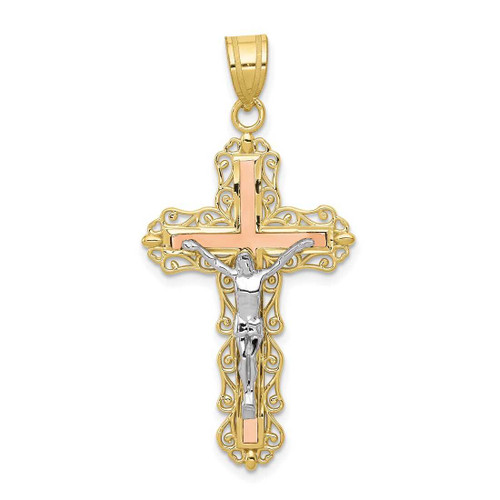 Image of 10K Tri-color Gold Diamond-cut Crucifix Pendant 10D3645