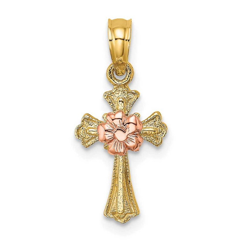 Image of 10K Two-tone Gold Cross w/ Small Flower Pendant