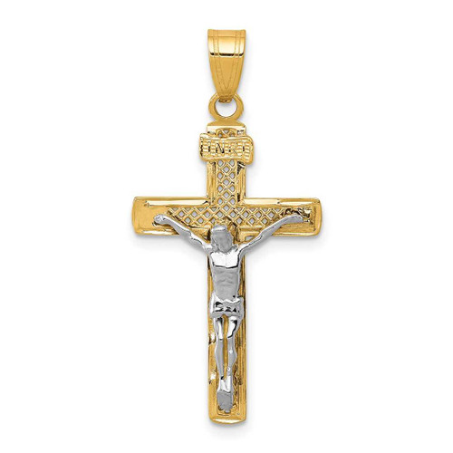 Image of 10K Two-tone Gold Diamond-cut Medium Block Lattice Cross w/Crucifix Pendant