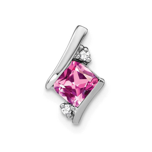 Image of 10K White Gold Antiqued Cushion Created Pink Sapphire & Diamond Slide Pendant