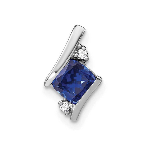 Image of 10K White Gold Antiqued Cushion Created Sapphire and Diamond Chain Slide Pendant