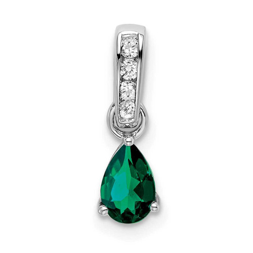 Image of 10K White Gold Pear Created Emerald and Diamond Pendant