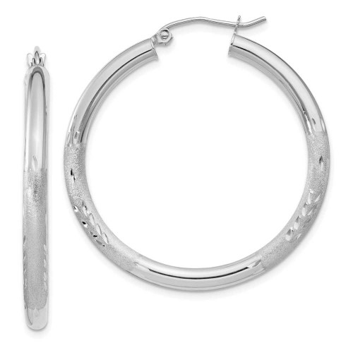 Image of 30mm 10k White Gold Satin & Shiny-Cut 3mm Round Hoop Earrings 10TC275