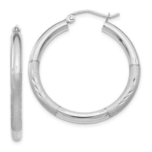 Image of 25mm 10k White Gold Satin & Shiny-Cut 3mm Round Hoop Earrings 10TC276