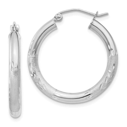 Image of 20mm 10k White Gold Satin & Shiny-Cut 3mm Round Hoop Earrings 10TC277