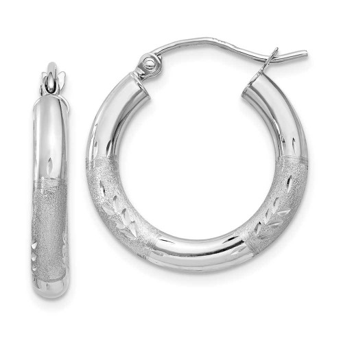 Image of 15mm 10k White Gold Satin & Shiny-Cut 3mm Round Hoop Earrings 10TC278