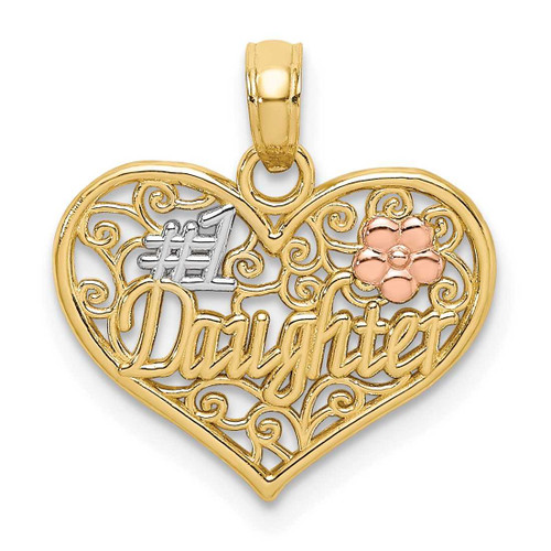 Image of 10k Yellow & Rose Gold w/ White Rhodium #1 DAUGHTER In Heart w/ Flowers Pendant