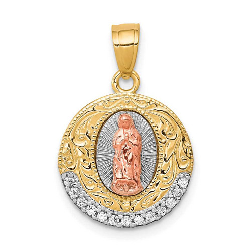 Image of 10k Yellow & Rose Gold with Rhodium-Plating CZ Lady of Guadalupe Round Pendant