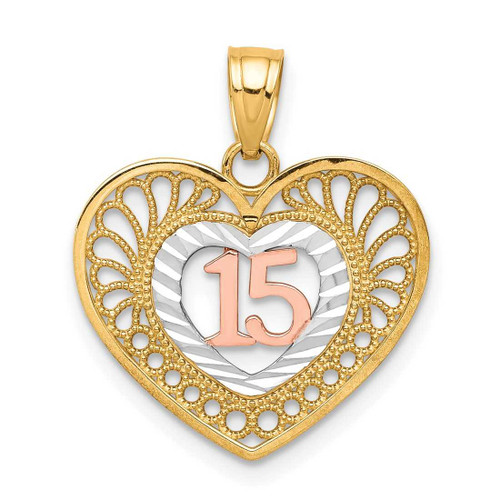 Image of 10k Yellow & Rose Gold with White Rhodium Sweet 15 Heart Pendant