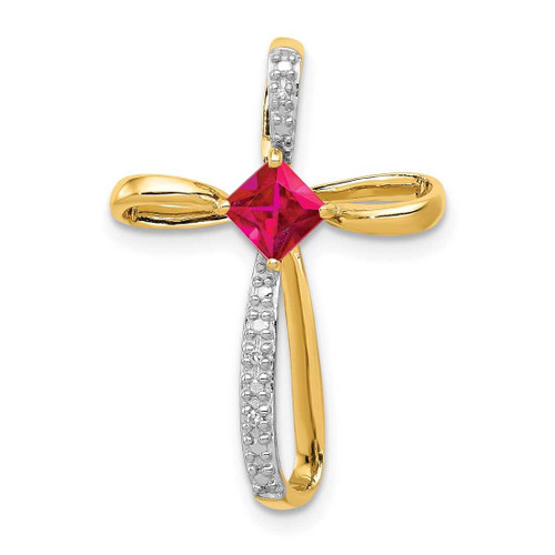 Image of 10k Yellow Gold and Rhodium Lab-Created Ruby and Diamond Cross Pendant