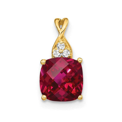 Image of 10K Yellow Gold Checkerboard Created Ruby and Diamond Pendant