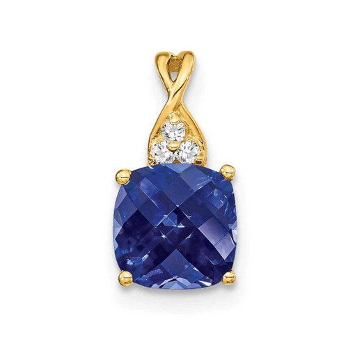 Image of 10K Yellow Gold Checkerboard Created Sapphire and Diamond Pendant