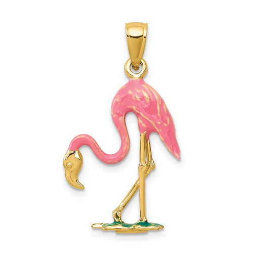 Image of 10K Yellow Gold Enameled 3-D Pink Flamingo Pendant