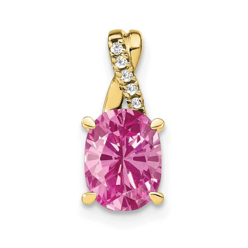 Image of 10K Yellow Gold Oval Created Pink Sapphire and Diamond Pendant