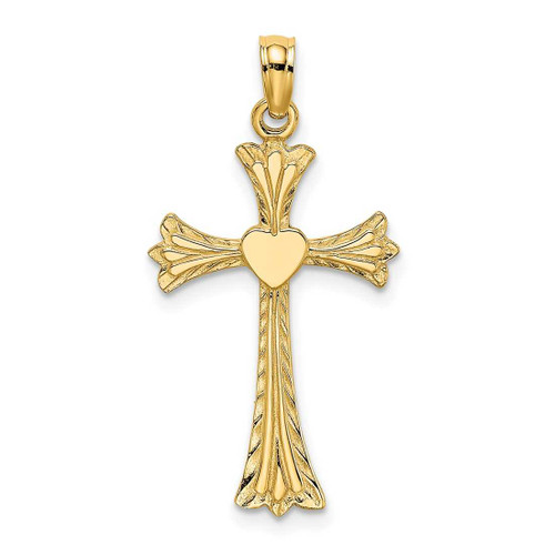 Image of 10K Yellow Gold Polished and Engraved Cross W/ Heart Pendant