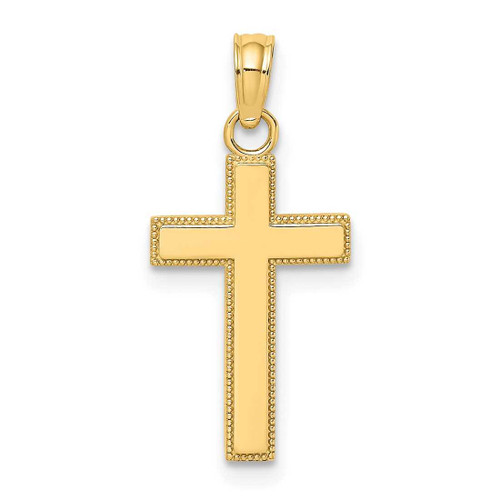 Image of 10K Yellow Gold Polished Block Style Beaded Edge Cross Pendant