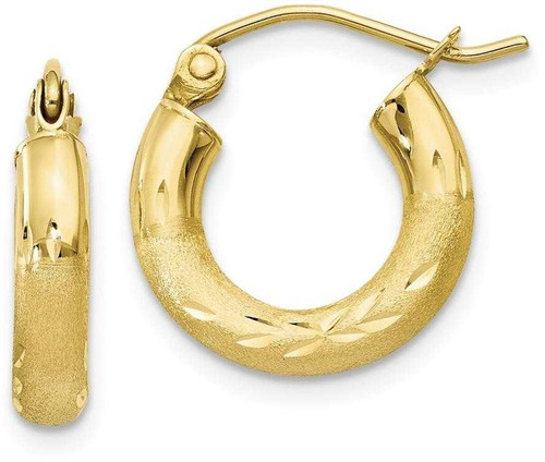 Image of 14mm 10k Yellow Gold Satin & Shiny-Cut 3mm Round Hoop Earrings 10TC292