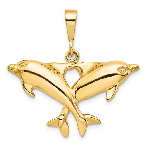 Image of 10K Yellow Gold Solid Polished Twin Dolphins Pendant