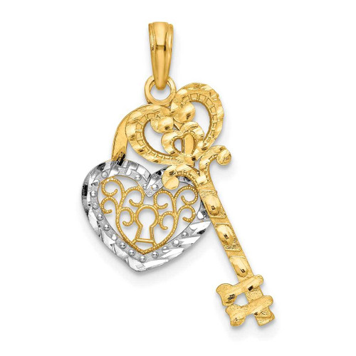 Image of 10k Yellow Gold w/ Rhodium Filigree Heart Lock and Key Pendant