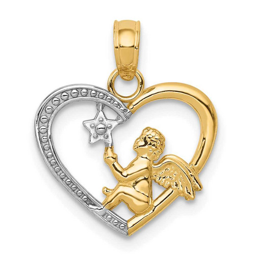 Image of 10K Yellow Gold w/Rhodium Angel in Heart w/ Star Pendant