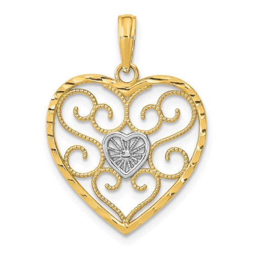 Image of 10K Yellow Gold w/Rhodium Filigree Beaded Heart Pendant
