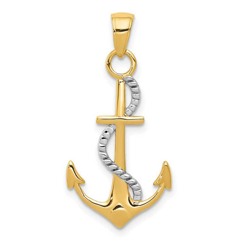 Image of 10K Yellow Gold w/Rhodium Polished Anchor W/Rope Pendant