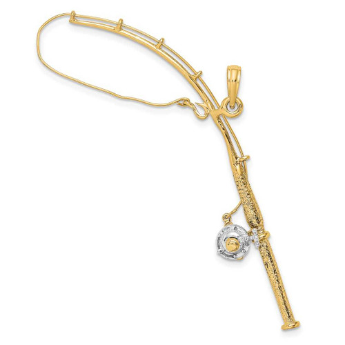 Image of 10k Yellow Gold with Rhodium-Plating 3-D Moveable Fishing Pole w/ Reel Pendant