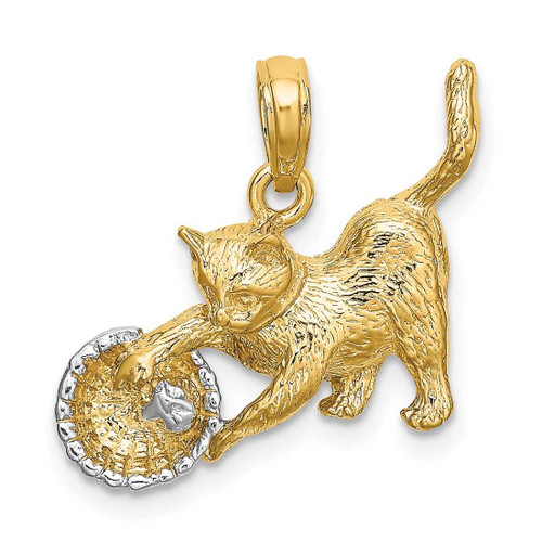 Image of 10k Yellow Gold with Rhodium-Plating Cat Playing w/ Yarn in Basket Pendant
