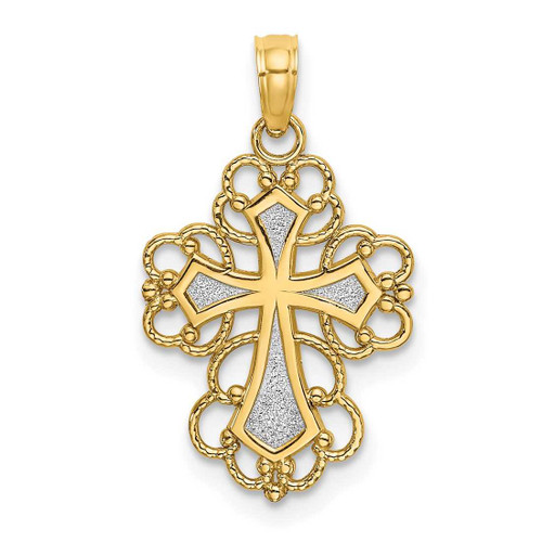 Image of 10k Yellow Gold with Rhodium-Plating-Plated Beaded Lace Trim Cross Pendant