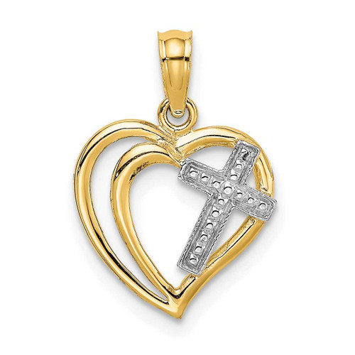 Image of 10k Yellow Gold with Rhodium-Plating-Plated Cross In Heart Pendant