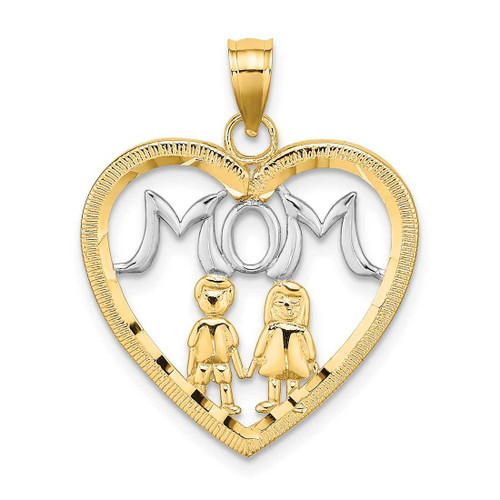 Image of 10k Yellow Gold with Rhodium-Plating-Plated Heart with 2 Kids Mom Pendant