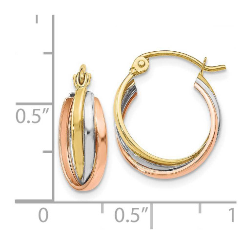 Image of 14mm 10k Yellow, White & Rose Gold Polished Hinged Hoop Earrings
